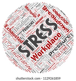 Vector conceptual mental stress at workplace or job pressure human round circle red word cloud isolated background. Collage of health, work, depression problem, exhaustion, breakdown, deadlines risk