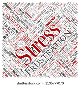 Tensión mental conceptual vectorial en el lugar de trabajo o presión laboral nubes de palabras rojas cuadradas humanas aisladas fondo. Collage de la salud, el trabajo, el problema de la depresión, el agotamiento, el desmoronamiento, los plazos de entrega