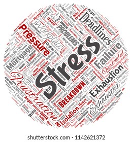 Vector conceptual mental stress at workplace or job pressure human round circle red word cloud isolated background. Collage of health, work, depression problem, exhaustion, breakdown, deadlines risk
