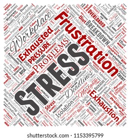 Vector conceptual mental stress at workplace or job pressure human square red word cloud isolated background. Collage of health, work, depression problem, exhaustion, breakdown, deadlines risk