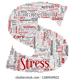 Vektor konzeptioneller Stress am Arbeitsplatz oder Arbeitsdruck menschlichen Buchstaben Schriftart S Wort Cloud isolierter Hintergrund. Collage of Health, Work, Depressionsproblem, Erschöpfung, Untergliederung, Terminrisiken