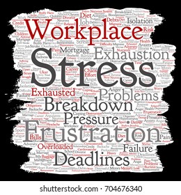 Vector conceptual mental stress at workplace or job pressure paint brush or paper word cloud isolated background. Collage of health, work, depression problem, exhaustion, breakdown, deadlines risk