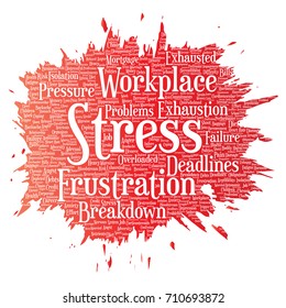 Vector conceptual mental stress at workplace or job pressure paint brush word cloud isolated background. Collage of health, work, depression problem, exhaustion, breakdown, deadlines risk