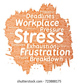 Vector conceptual mental stress at workplace or job pressure paint brush word cloud isolated background. Collage of health, work, depression problem, exhaustion, breakdown, deadlines risk
