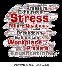 Vector conceptual mental stress at workplace or job pressure paint brush or paper word cloud isolated background. Collage of health, work, depression problem, exhaustion, breakdown, deadlines risk