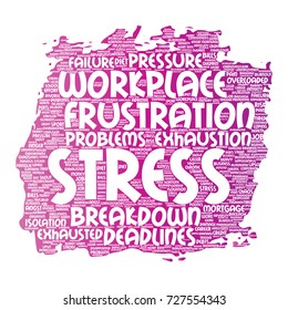 Vector conceptual mental stress at workplace or job pressure paint brush word cloud isolated background. Collage of health, work, depression problem, exhaustion, breakdown, deadlines risk