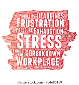 Vector conceptual mental stress at workplace or job pressure paint brush word cloud isolated background. Collage of health, work, depression problem, exhaustion, breakdown, deadlines risk