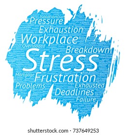 Vektorkonzeptionelle mentale Belastung am Arbeitsplatz oder Druck auf dem Arbeitsplatz Pinselstrich Wort Cloud isolierten Hintergrund. Collage of Health, Work, Depressionsproblem, Erschöpfung, Untergliederung, Terminrisiken