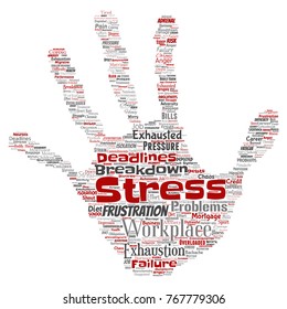 Vector conceptual mental stress at workplace or job pressure human hand print stamp word cloud isolated background. Collage of health, work, depression problem, exhaustion, breakdown, deadlines risk