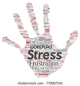 Vektor-konzeptioneller Stress am Arbeitsplatz oder Arbeitsdruck Die menschliche Hand druckt Stempel Wort Cloud isolierten Hintergrund. Collage of Health, Work, Depressionsproblem, Erschöpfung, Untergliederung, Terminrisiken