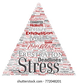 Vektor konzeptioneller mentaler Stress am Arbeitsplatz oder Arbeitsdruck menschliches Dreieck Pfeil Wolke isolierte Hintergrund. Collage of Health, Work, Depressionsproblem, Erschöpfung, Untergliederung, Terminrisiken