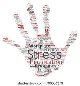 Vector conceptual mental stress at workplace or job pressure human hand print stamp word cloud isolated background. Collage of health, work, depression problem, exhaustion, breakdown, deadlines risk