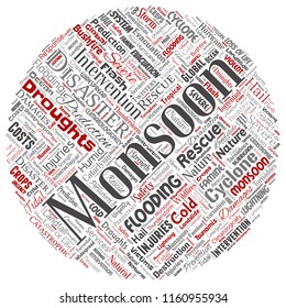 Vector conceptual monsoon dangerous weather round circle red meteorology word cloud isolated background. Collage of tropical dramatic storm force, strong wind blowing, rain hail thunderstorm concept