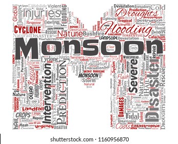 Vector conceptual monsoon dangerous weather letter font M red meteorology word cloud isolated background. Collage of tropical dramatic storm force, strong wind blowing, rain hail thunderstorm concept