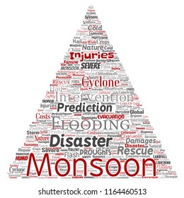 Vector conceptual monsoon dangerous weather triangle arrow meteorology word cloud isolated background. Collage of tropical dramatic storm force, strong wind blowing, rain hail thunderstorm concept