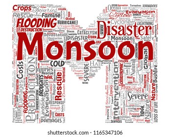Vector conceptual monsoon dangerous weather letter font M red meteorology word cloud isolated background. Collage of tropical dramatic storm force, strong wind blowing, rain hail thunderstorm concept