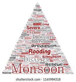 Vector conceptual monsoon dangerous weather triangle arrow meteorology word cloud isolated background. Collage of tropical dramatic storm force, strong wind blowing, rain hail thunderstorm concept