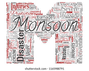 Vector conceptual monsoon dangerous weather letter font M red meteorology word cloud isolated background. Collage of tropical dramatic storm force, strong wind blowing, rain hail thunderstorm concept