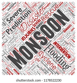 Vector conceptual monsoon dangerous weather square red meteorology word cloud isolated background. Collage of tropical dramatic storm force, strong wind blowing, rain hail thunderstorm concept design