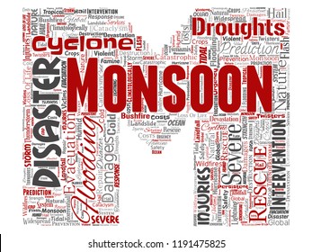 Vector conceptual monsoon dangerous weather letter font M red meteorology word cloud isolated background. Collage of tropical dramatic storm force, strong wind blowing, rain hail thunderstorm concept
