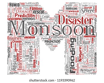 Vector conceptual monsoon dangerous weather letter font M red meteorology word cloud isolated background. Collage of tropical dramatic storm force, strong wind blowing, rain hail thunderstorm concept