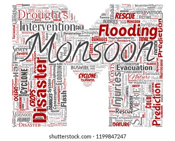 Vector conceptual monzón peligroso letra meteorológica letra M de meteorología roja palabra nube aislado fondo. Collage de la fuerza de tormenta tropical dramática, fuerte soplo de viento, concepto de tormenta de granizo de lluvia