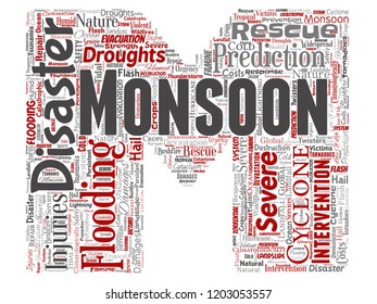 Vector conceptual monsoon dangerous weather letter font M red meteorology word cloud isolated background. Collage of tropical dramatic storm force, strong wind blowing, rain hail thunderstorm concept