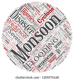 Vector conceptual monsoon dangerous weather round circle red meteorology word cloud isolated background. Collage of tropical dramatic storm force, strong wind blowing, rain hail thunderstorm concept