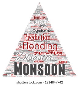 Vector conceptual monsoon dangerous weather triangle arrow meteorology word cloud isolated background. Collage of tropical dramatic storm force, strong wind blowing, rain hail thunderstorm concept