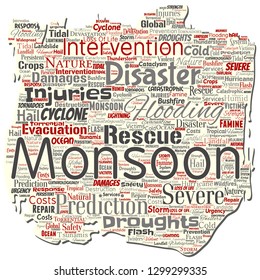 Vector conceptual monsoon dangerous weather old torn paper meteorology word cloud isolated background. Collage of tropical dramatic storm force, strong wind blowing, rain hail thunderstorm concept