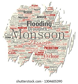 Vector conceptual monsoon dangerous weather old torn paper meteorology word cloud isolated background. Collage of tropical dramatic storm force, strong wind blowing, rain hail thunderstorm concept