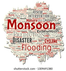 Vector conceptual monsoon dangerous weather old torn paper meteorology word cloud isolated background. Collage of tropical dramatic storm force, strong wind blowing, rain hail thunderstorm concept
