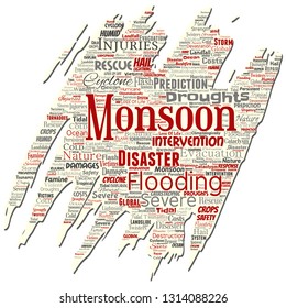 Vector conceptual monsoon dangerous weather old torn paper meteorology word cloud isolated background. Collage of tropical dramatic storm force, strong wind blowing, rain hail thunderstorm concept