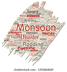 Vector conceptual monsoon dangerous weather old torn paper meteorology word cloud isolated background. Collage of tropical dramatic storm force, strong wind blowing, rain hail thunderstorm concept