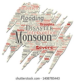 Vektor konzeptueller Monsun gefährliches Wetter alten zerrissenen Papier Meteorologie Wort Cloud isolierten Hintergrund. Collage tropischer dramatischer Sturmkräfte, starker Wind weht, Gewitterkonzept für Regenhagethagel