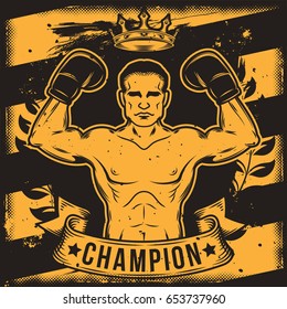 Vector conceptual motivational poster for a boxing club, boxing hall with a boxer's silhouette. Excellent advertising poster for the championship boxing