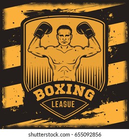 Vector conceptual motivational poster for a boxing club, boxing hall with a boxer s silhouette. Excellent advertising poster for the championship boxing