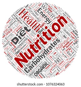 Vector conceptual nutrition health diet round circle red word cloud isolated background. Collage of carbohydrates, vitamins, fat, weight, energy, antioxidants beauty mineral, protein medicine concept