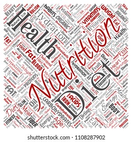 Vector conceptual nutrition health diet square red word cloud isolated background. Collage of carbohydrates, vitamins, fat, weight, energy, antioxidants beauty mineral, protein medicine concept