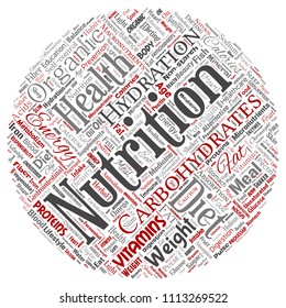 Vector conceptual nutrition health diet round circle red word cloud isolated background. Collage of carbohydrates, vitamins, fat, weight, energy, antioxidants beauty mineral, protein medicine concept