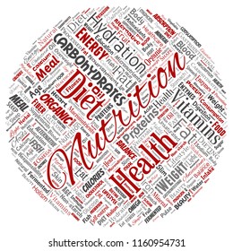 Vector conceptual nutrition health diet round circle red word cloud isolated background. Collage of carbohydrates, vitamins, fat, weight, energy, antioxidants beauty mineral, protein medicine concept