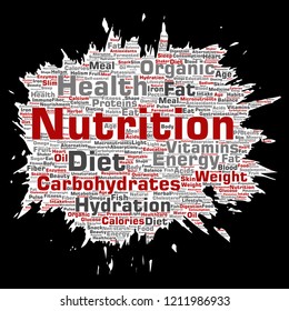 Vector conceptual nutrition health diet paint brush paper word cloud isolated background. Collage of carbohydrates, vitamins, fat, weight, energy, antioxidants beauty mineral, protein medicine concept