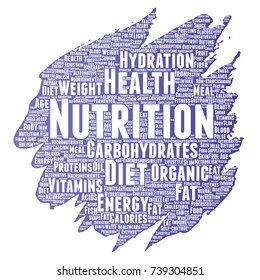 Vector conceptual nutrition health diet paint brush word cloud isolated background. Collage of carbohydrates, vitamins, fat, weight, energy, antioxidants beauty mineral, protein medicine concept
