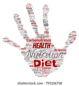 Vector conceptual nutrition health diet hand print stamp word cloud isolated background. Collage of carbohydrates, vitamins, fat, weight, energy, antioxidants beauty mineral, protein medicine concept