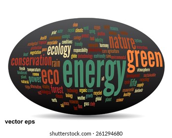 Vector conceptual oval abstract green ecology and conservation word cloud text on black background, metaphor to environment, recycle, earth, alternative, protection, energy, eco friendly or bio