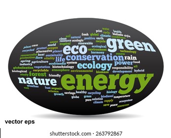 Vector conceptual ovalado abstracto ecología verde y conservación palabra texto en nube sobre fondo negro, metáfora al medio ambiente, reciclar, tierra, alternativa, protección, energía, eco-amigable o bio
