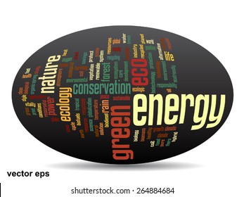 Vector conceptual oval abstract green ecology and conservation word cloud text on black background, metaphor to environment, recycle, earth, alternative, protection, energy, eco friendly or bio