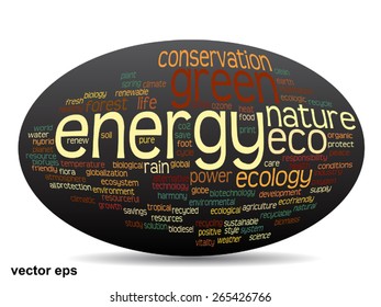 Vector conceptual oval abstract green ecology and conservation word cloud text on black background, metaphor to environment, recycle, earth, alternative, protection, energy, eco friendly or bio