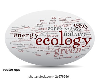 Vector conceptual oval or ellipse abstract green ecology and conservation word cloud text on background, metaphor to environment, recycle, earth, alternative, protection, energy, eco friendly or bio
