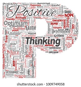 Vector conceptual positive thinking, happy strong attitude letter font P word cloud isolated on background. Collage of optimism smile, faith, courageous goals, goodness or happiness inspiration